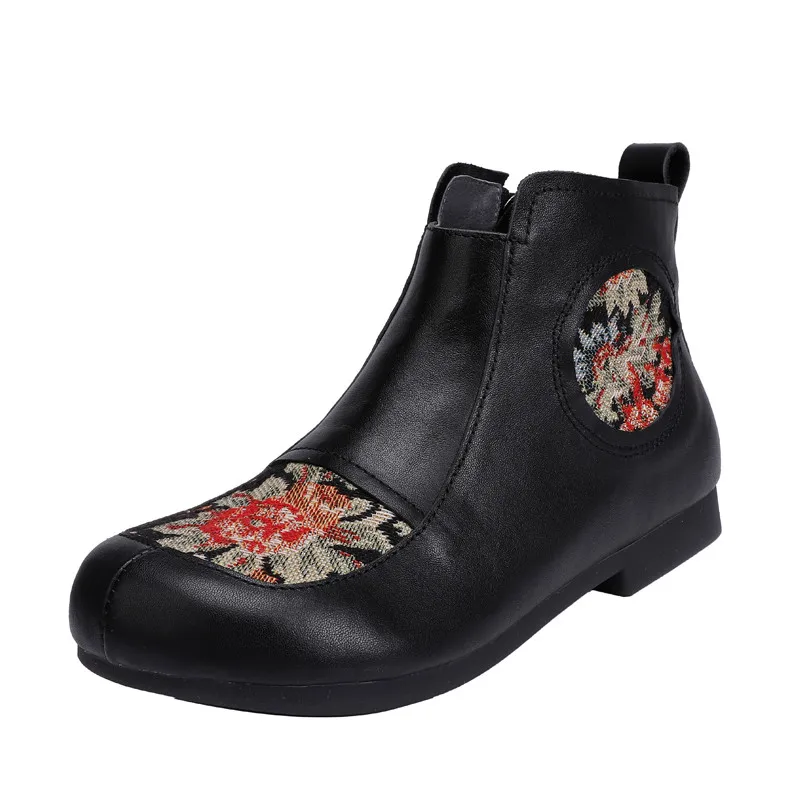 

Bohemian Retro Cowgirl Boots Women Genuine Leather Flower Print Spring Ankle Boots For Women Shoes Woman Zipper Western Booties