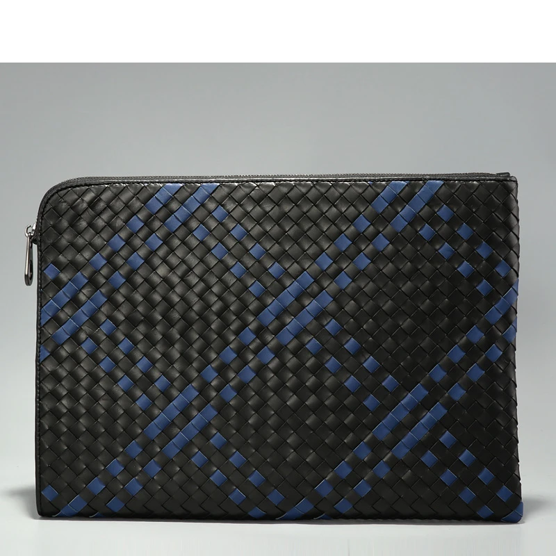 New Style Men's High Quality Luxury Design Cowhide Clutch Fashion Leather Woven Purse Handbag A4 Business Envelope Zipper Bag