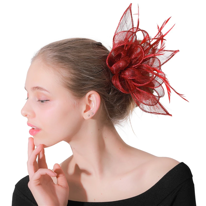 

vintage burgundy millinery women party headwear fascinators sinamay hats female ladies elegant wedding married hair accessories