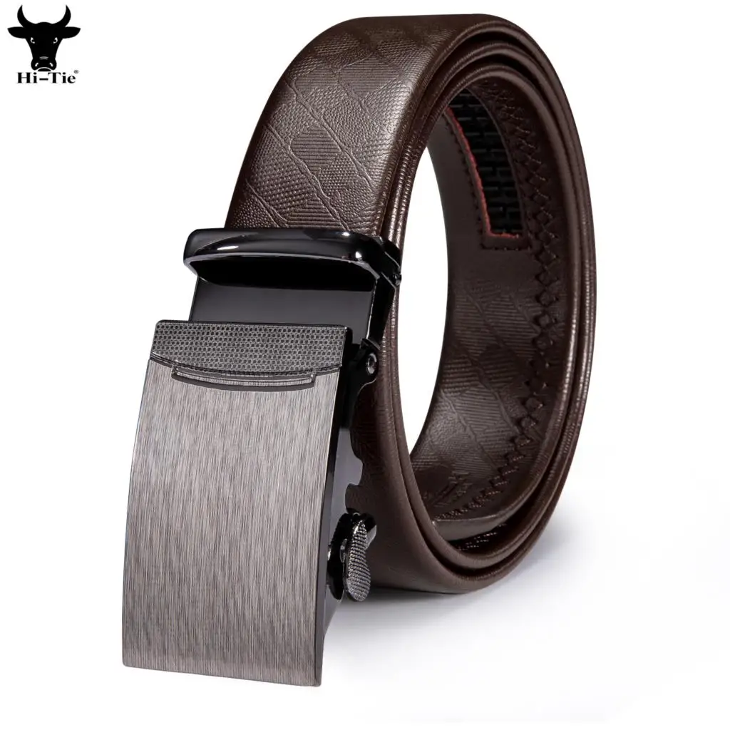 Luxury Silver Automatic Buckles Mens Belts Brown Cowhide Leather Ratchet Waist Belt Girdle for Men Casual Formal Adjustable Gift