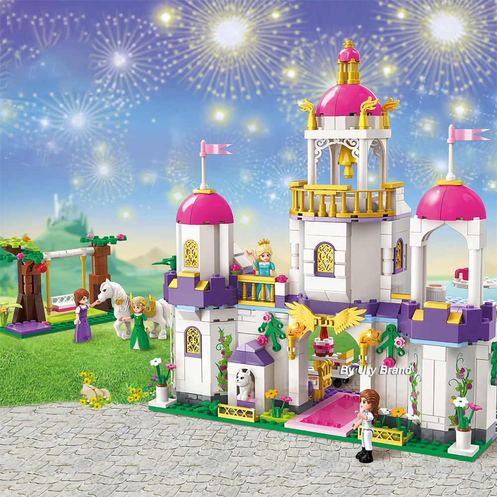 

Qman 2610 Princess Leah's Birthday Party Castle Set Horse figures swing DIY Building Blocks Toys Girls Creative Gifts 587pcs