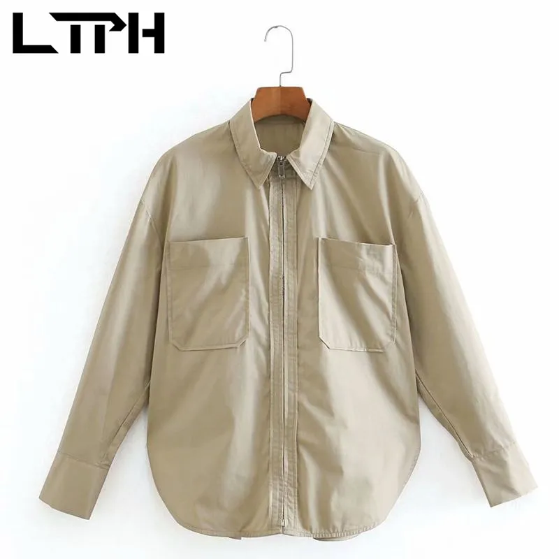 

LTPH simple tooling vintage blouses women shirts zipper long sleeve shirt loose casual pocket outerwear tops 2021 Spring New