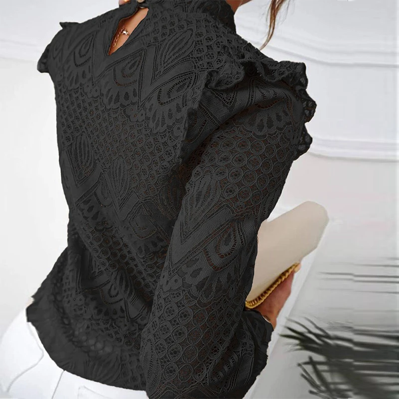 

Women Autumn Lace Blouses Shirt Spring Turtleneck Hollow Out Office Ladies Tops Solid Color Shirt Long Sleeve Ruffle Work Blouse