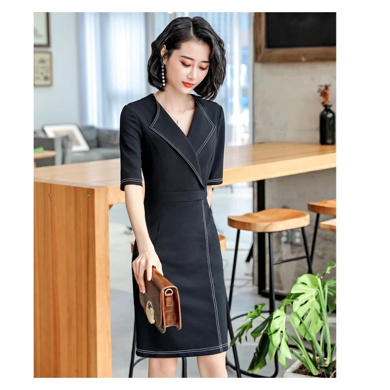 

Women Black Blue Summer Dress Splice Notched Woman Profession Dress Elegant Temperament Ol Dresses Short Sleeve Plus Size