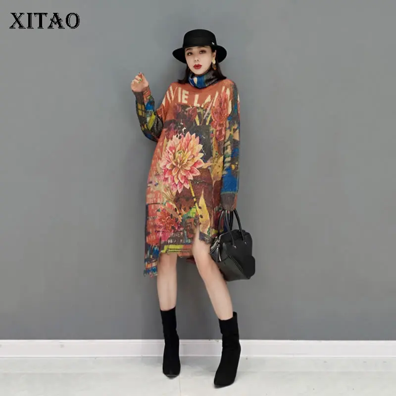 

XITAO Irregular Knitting Dress Flowers Letter Splicing Pattern Fashion Turtleneck Loose 2021 Winter New Street Trendy LL1112