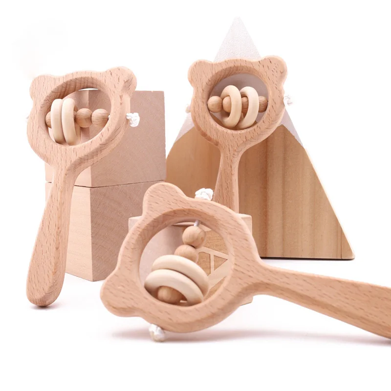1pc Wooden Rattles Baby Toys Beech Bear Hand Teething Wooden Ring Baby Rattles Play Gym Montessori Toy Stroller Educational Toys