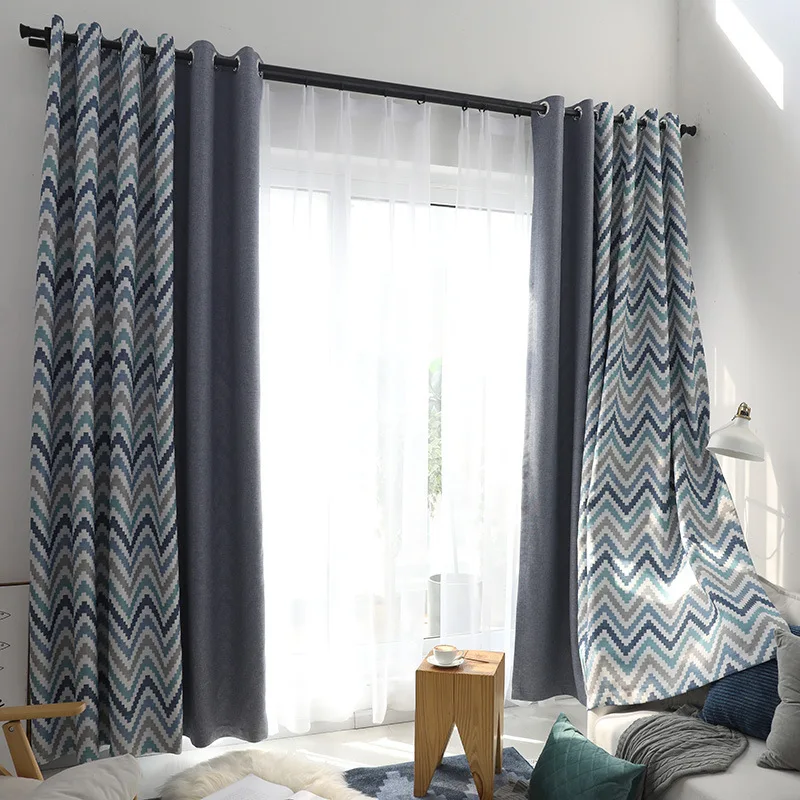 

Nordic Modern Minimalist Curtains for Living Dining Room Bedroom Light Luxury Corrugated Contrast Stitching Blackout Curtains