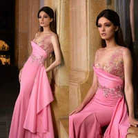 hot pink prom dresses 2019 with ribbon sheer o neck lace embroidery beaded stain arabic occasion formal prom gown evening dress