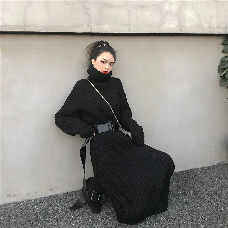 Модное черное платье-свитер, женские длинные топы, новинка, свитер с высоким воротом, женский пояс, тонкий пуловер, вязаное платье, Vestido JIN23