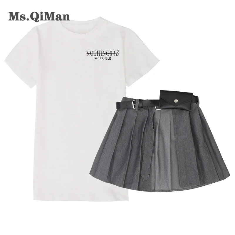 

Ms.Qiman Children's Clothing Sets 2021 Summer Teenager Girls T-shirt + Skrit 2piece Big Girls T-shirt Dresses Long Style T-shirt