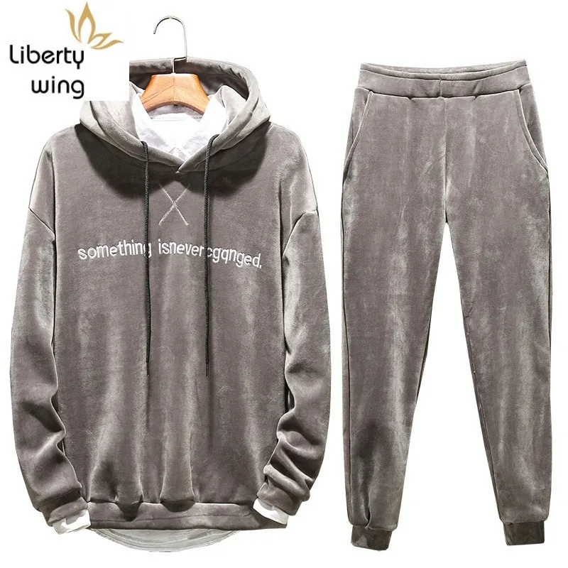 Модный мужской зимний Бархатный спортивный костюм с подкладкой из плотного