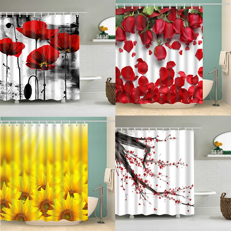 

Rose Sunflower Shower Curtain 3D Printed Bathroom Waterproof Polyester Bath Curtain Washable Home Decor Curtains With 12 Hooks