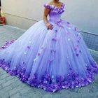 Фиолетовое бальное платье, платья для девушек с цветами ручной работы, платье невесты с открытыми плечами и длинным шлейфом, официальные платья со шнуровкой сзади