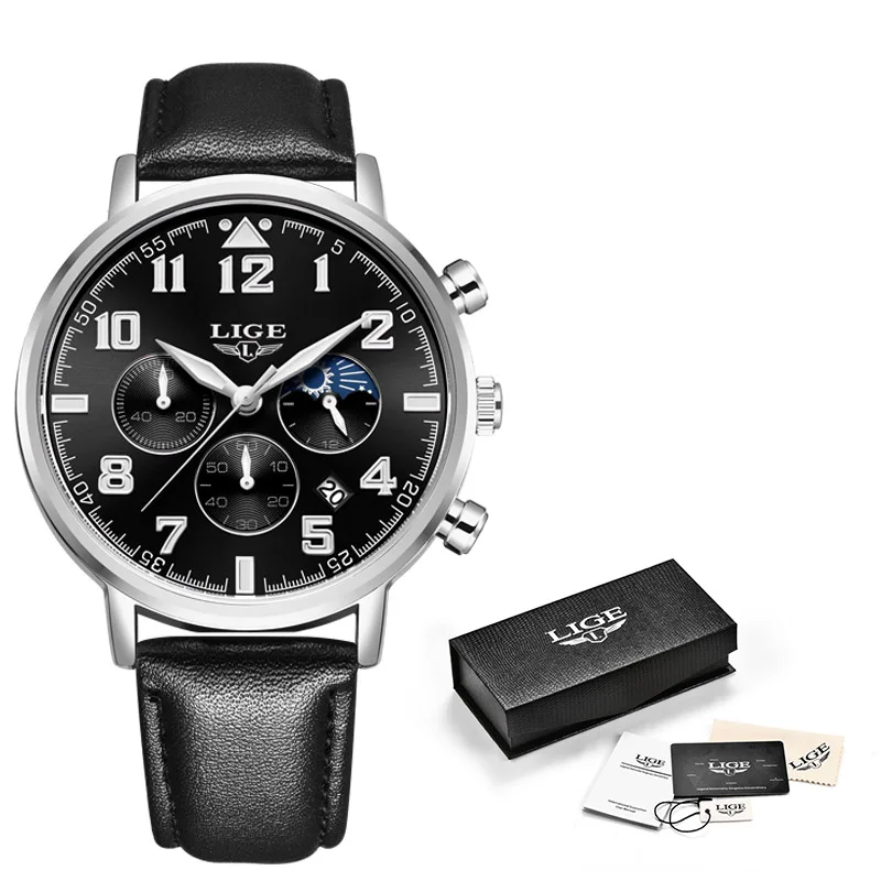 Silver black L LIGE новые мужские s часы лучший бренд класса люкс Бизнес Кварцевые часы мужские спортивные полностью стальные Водонепроницаемые Синие часы Relogio Masculino - Цвет: Silver black L