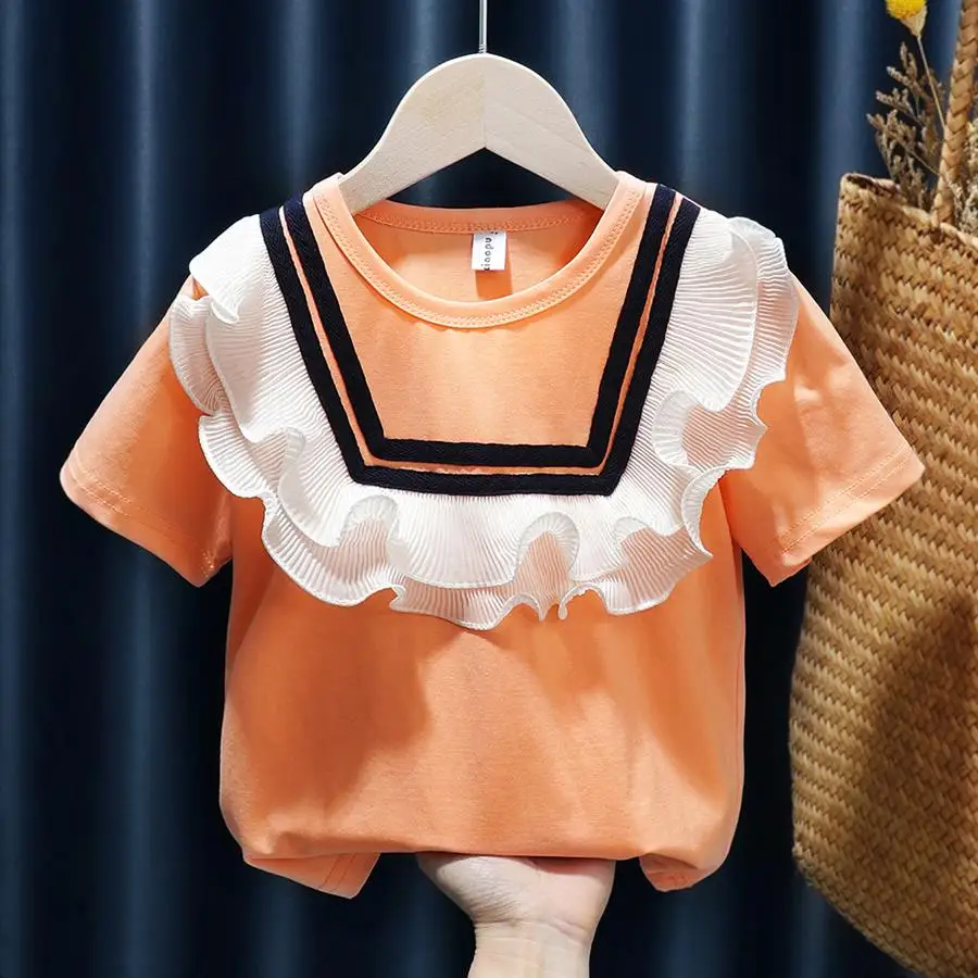 

Girls T-shirt 2021 summer new lace round neck short sleeve top children's 3-5 baby T