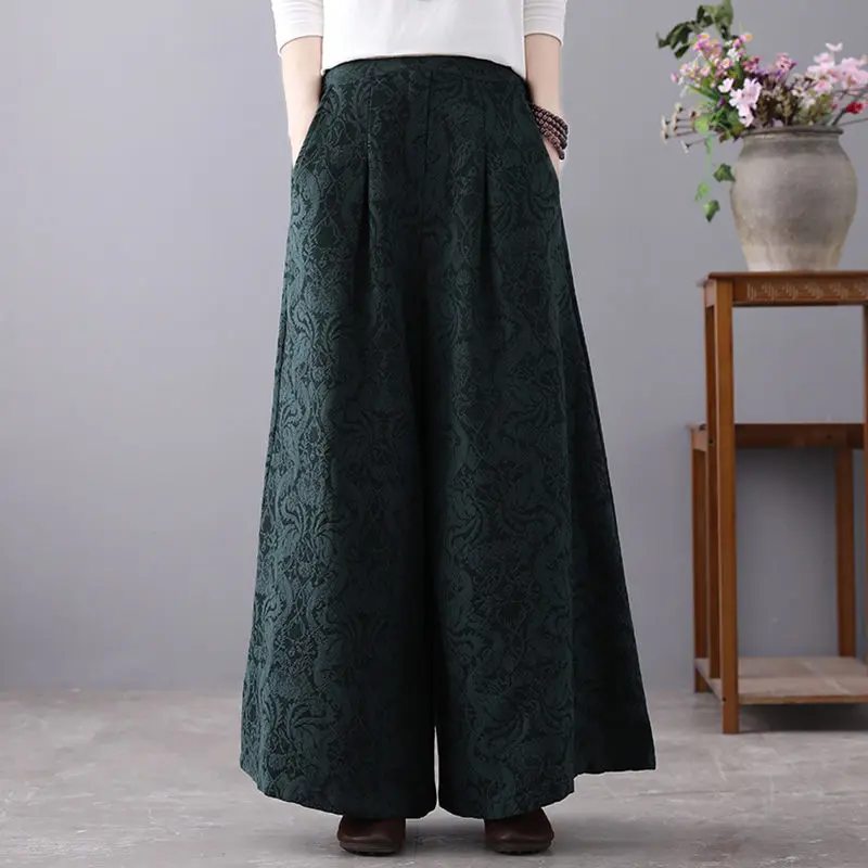 Брюки женские с широкими штанинами жаккардовые льняные штаны завышенной талией