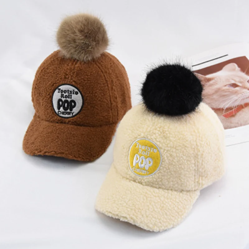 Зимние шапки с меховым помпоном для детей Снэпбэк Кепка бейсболка овечьим