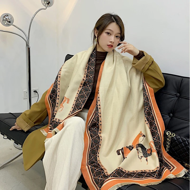 

Luxury Horse Letter Cashmere Scarf Winter Women Pashmina Shawls Warm Blanket Wraps Female Foulard Bandana Brand Thick Scarves