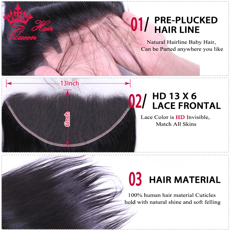 Invisible HD Lace Frontal 13x6 Ear to Closure Pre Plucked Brazilian Virgin Human Straight Hair Queen Products | Шиньоны и парики