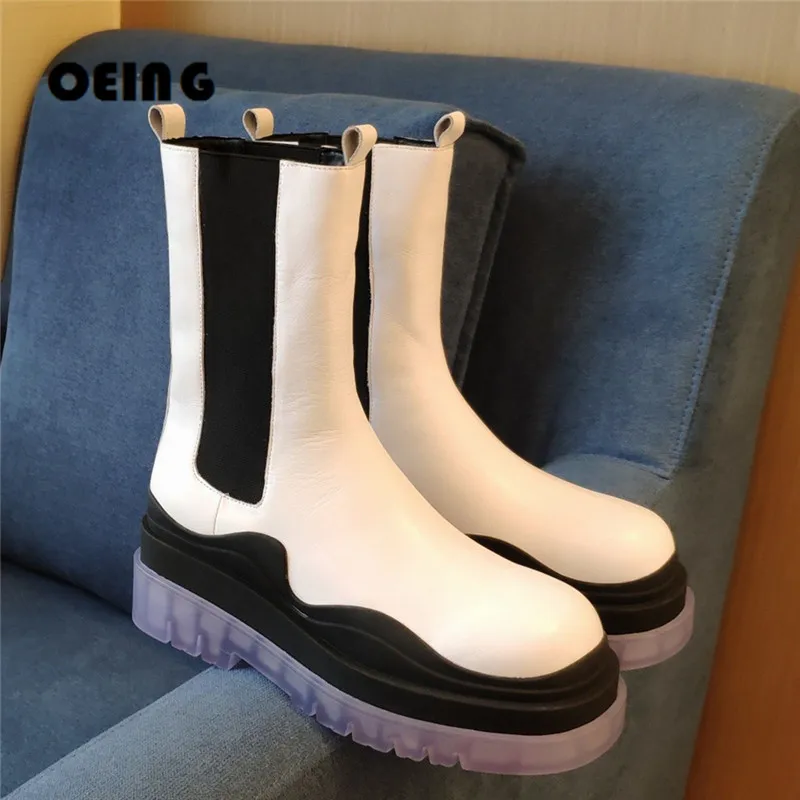 

Autumn Winter Women Platform Ankle Boots Genuine Leather Round Toe Chelsea Boot Slip On Designer Shoes Botas De Mujer Size 34-42