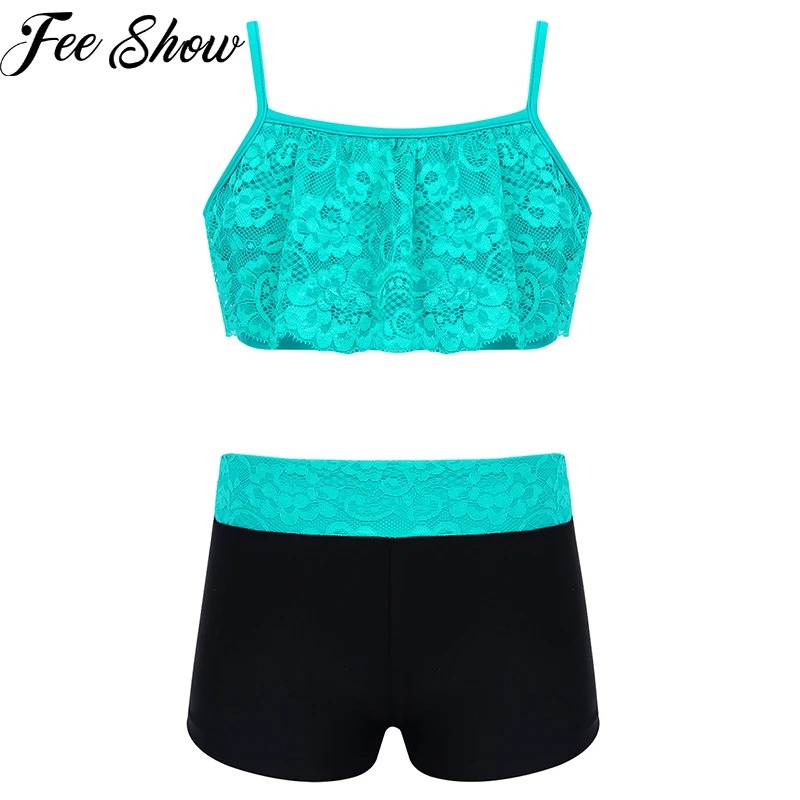 Детский танкини для девочек танцевальный наряд Кружевной укороченный топ на