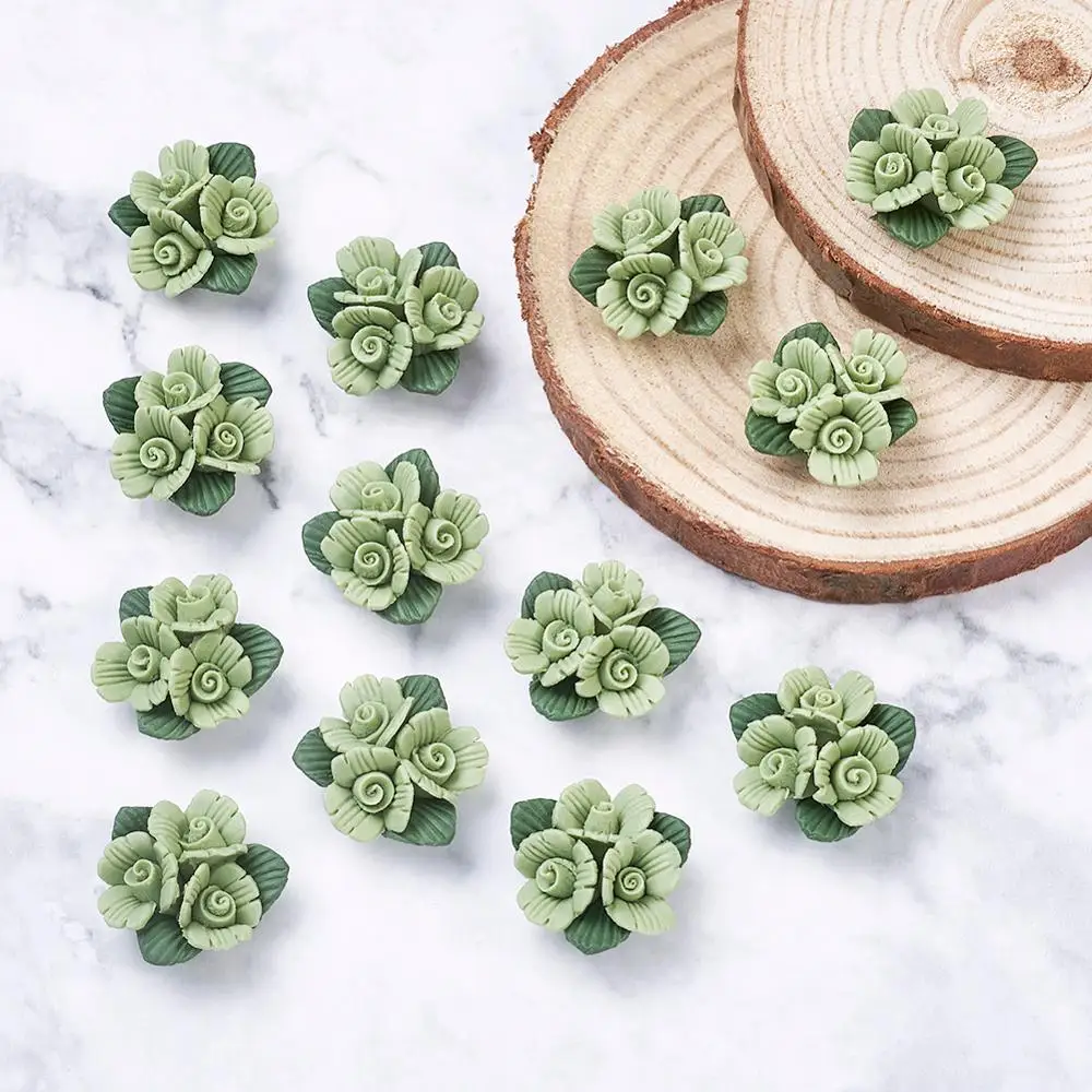 100pc Handmade Porcelain Clay Rose Flower Charms Beads Cabochons DIY Jewelry Supplies Stud Earring Finding Making - купить по