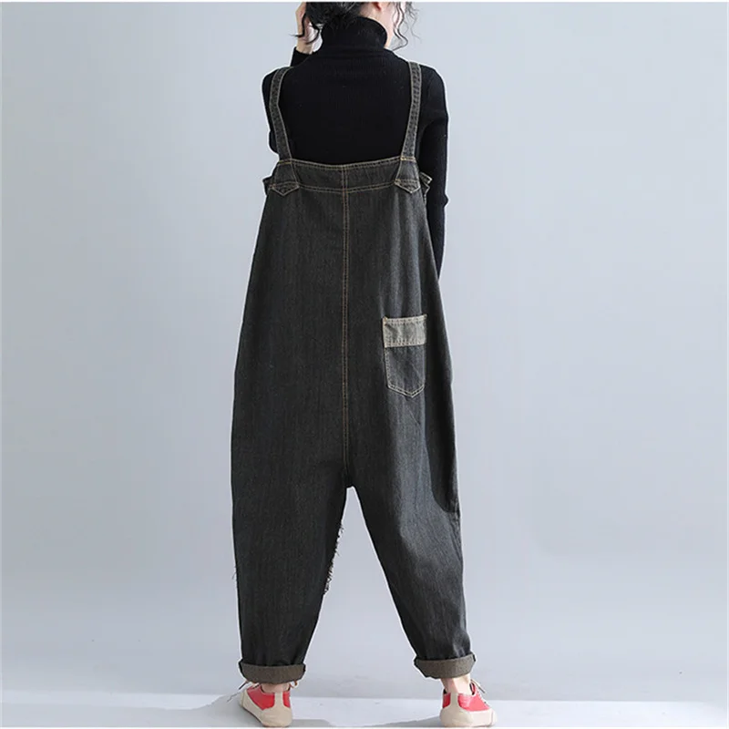 European Fashion Patch Spring Female Washed Denim Overalls Ladies Vintage Casual Jeans Women Loose Trousers