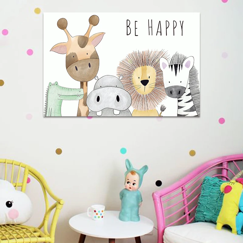 

Animal Cute Cartoon Be Happy Hippo Giraffe Poster Wall Art Canvas Painting Home Decor Kids Baby Room Nursery Decoration(NO FRAME
