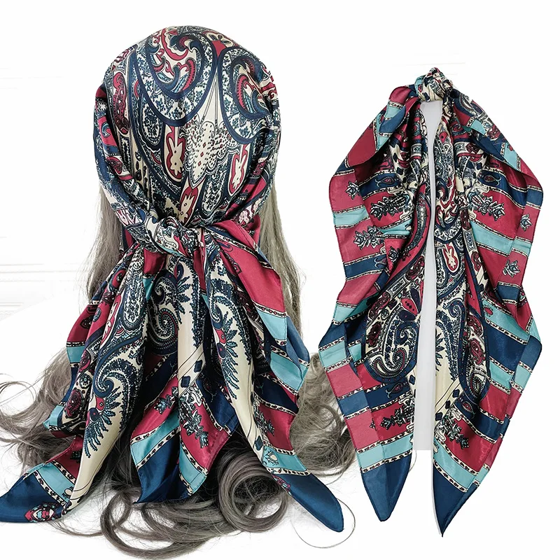 2021 Роскошная шелковая платок марки квадратной формы для женщин с однотонными и полосатыми линиями, шали и палантины, модные шарфы для сумок, головные платки и хиджабы 90*90 см.