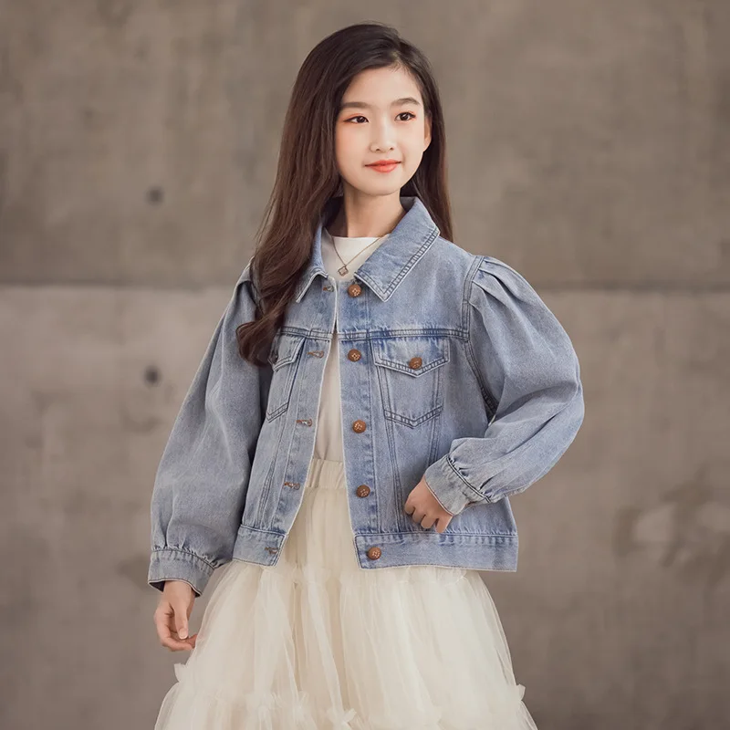 

10 12 years Kids Girls Puff Sleeve Denim Jackets 2021 New Spring Autumn Teen Girls Clothes