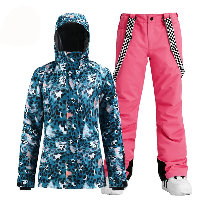 -30 Blue Leopard Women's Snow Suit Wear Outdoor Sports Ski Costumes Waterproof Snowboard Clothing Sets Jacket + Strap Pant Girl | Спорт и