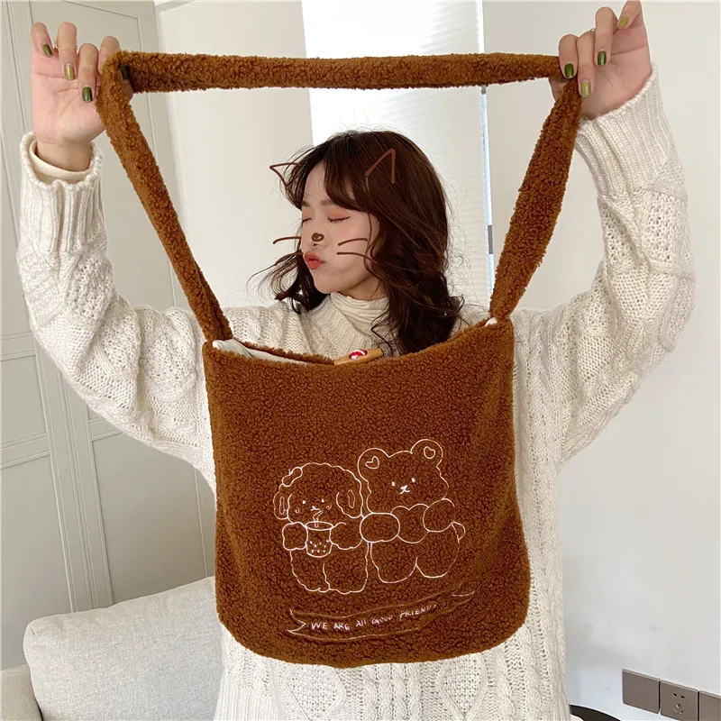 Маленькая плюшевая Сумка-тоут для женщин наручные сумочки из ткани ягненка