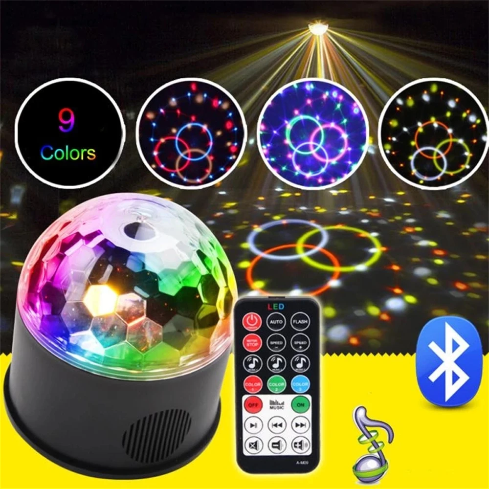 

RGB светодиодный сценический светильник с активацией звуком, Вращающийся Диско-Шар, волшебная лампа с эффектом, 9 цветов, Bluetooth-динамик, DJ свет...
