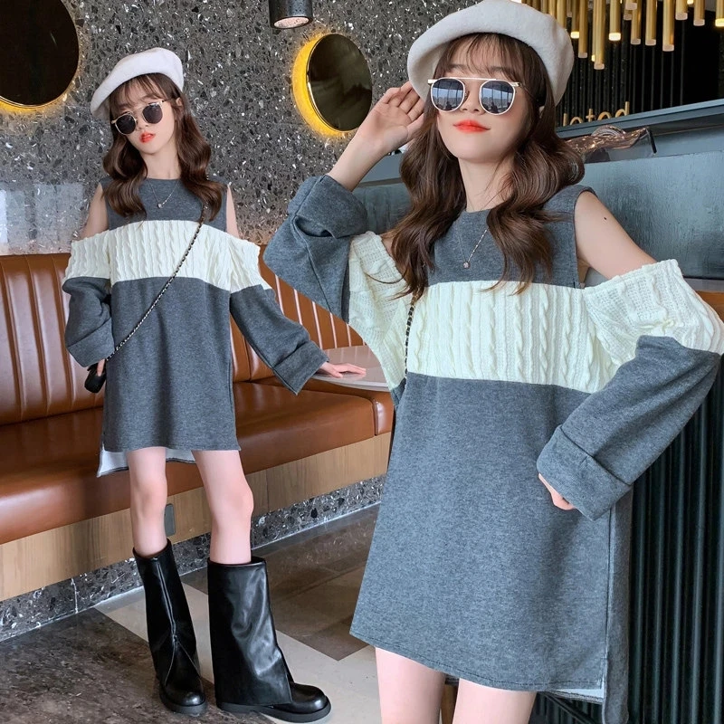 

Kid Long Sleeve Off The Shoulder Tops T-Shirt Dress Cotton New Autumn Teen Girls T Shirt Grey Midi Dress Plus Size Clothes 5-14Y
