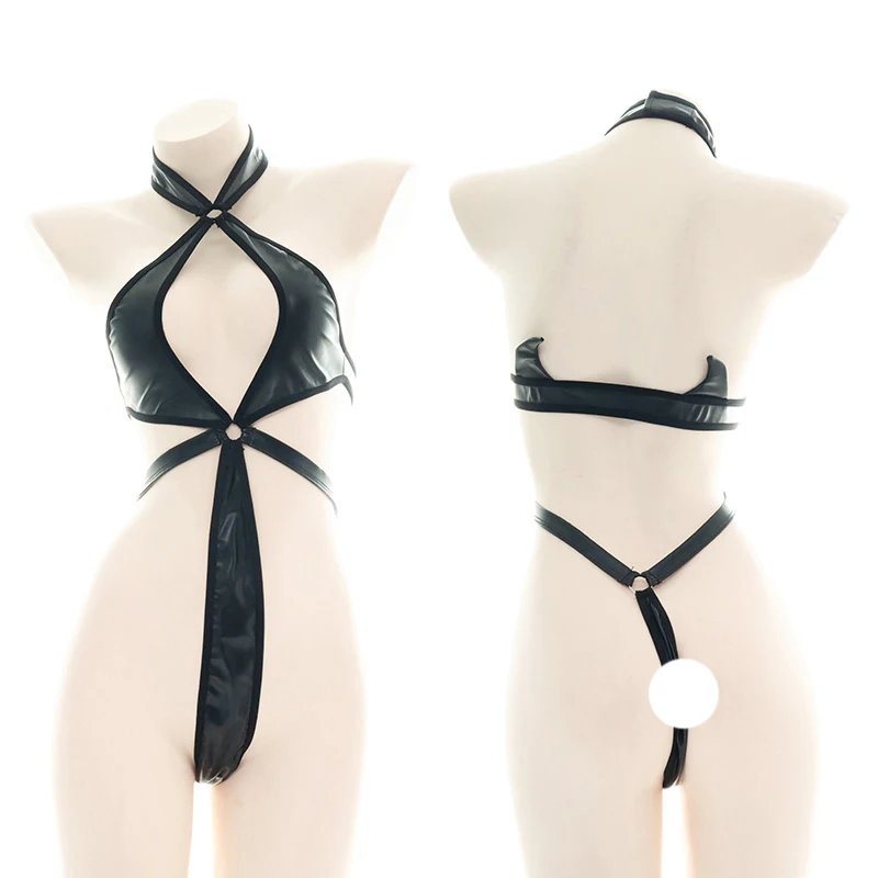 Японский сексуальный женский черный комплект из лакированной кожи 1 бикини