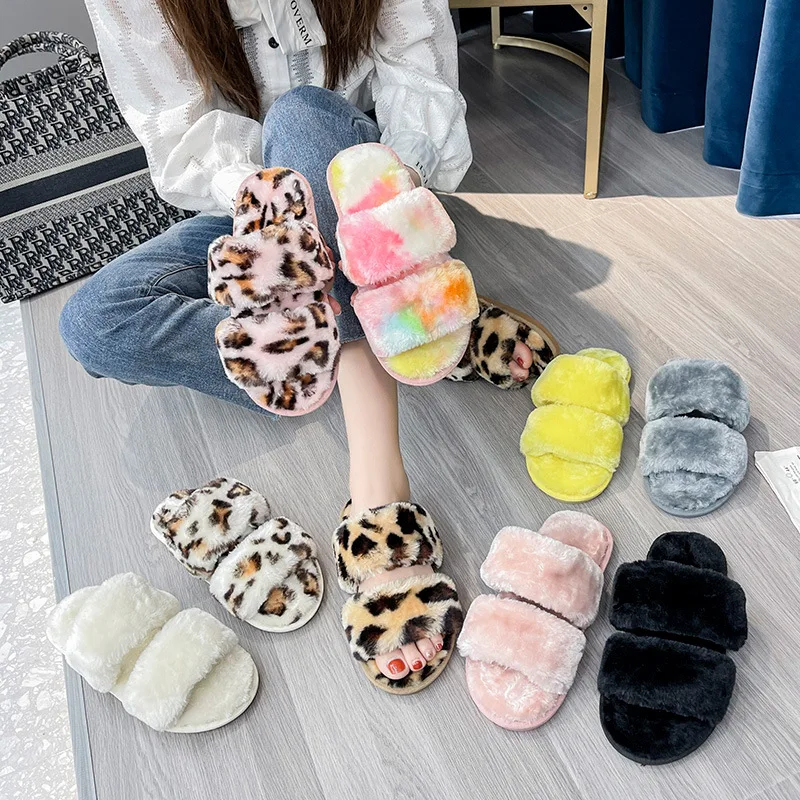 

2022 New Women Winter Fluffy Heel Slippers Faux Fur Slides Flat Soft Rainbow Colorful Warm Shoes Ladies Female Home Shoes 36-43