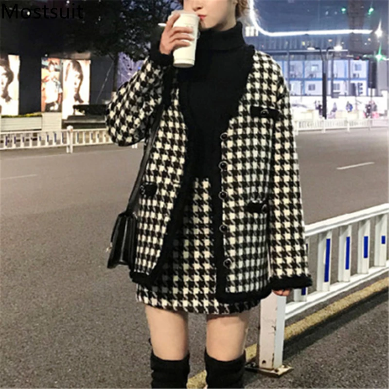 

Top and mini skirt suit elegant ladies fashion 2-piece suit houndstooth retro two-piece suit ladies autumn cardigan