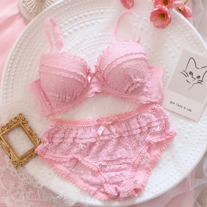 SO Sweet Sexy Lolita Girl Cake Lace Trim Underwear Set Japanese Women's No rims Underwire Soft Sister Push-Up Bra & Brief Set