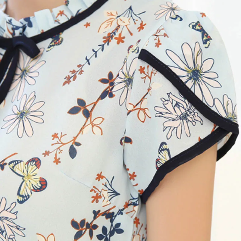 

New Arrival Women Floral Print Blouse Short Sleeve Loose Chiffon Shirt for Daily Office DSA
