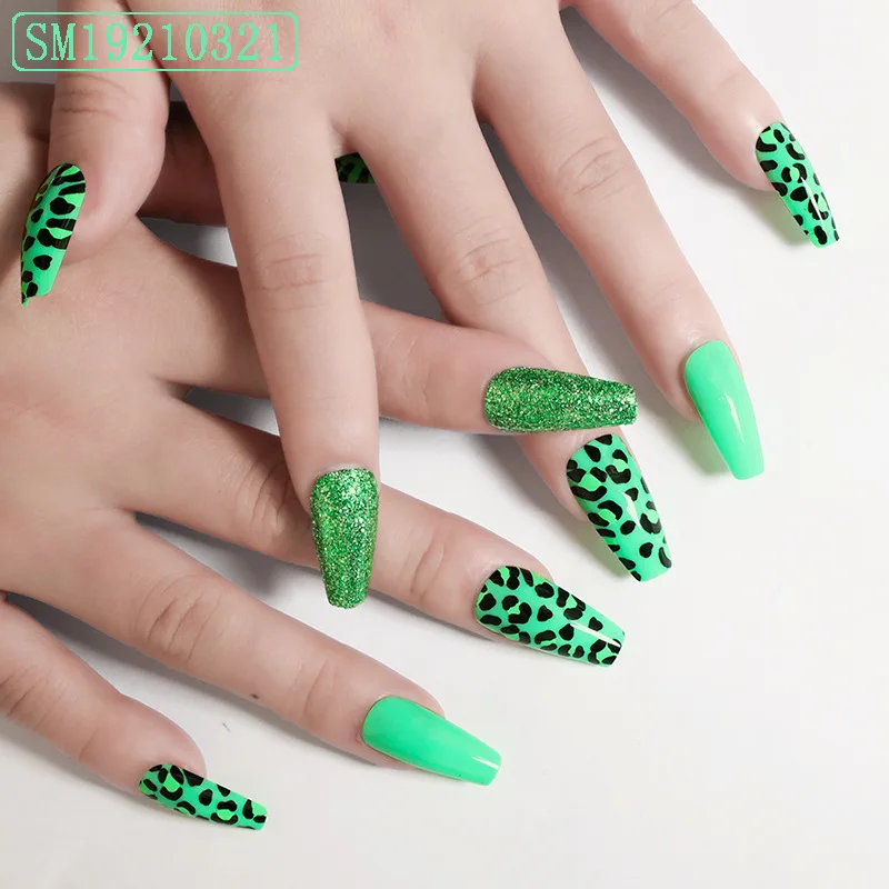 

Fake Nails Green Onion Pink Leopard Print Nail Art Finished Nail Pieces 24 Pieces of Nail Polish Glue STTX889