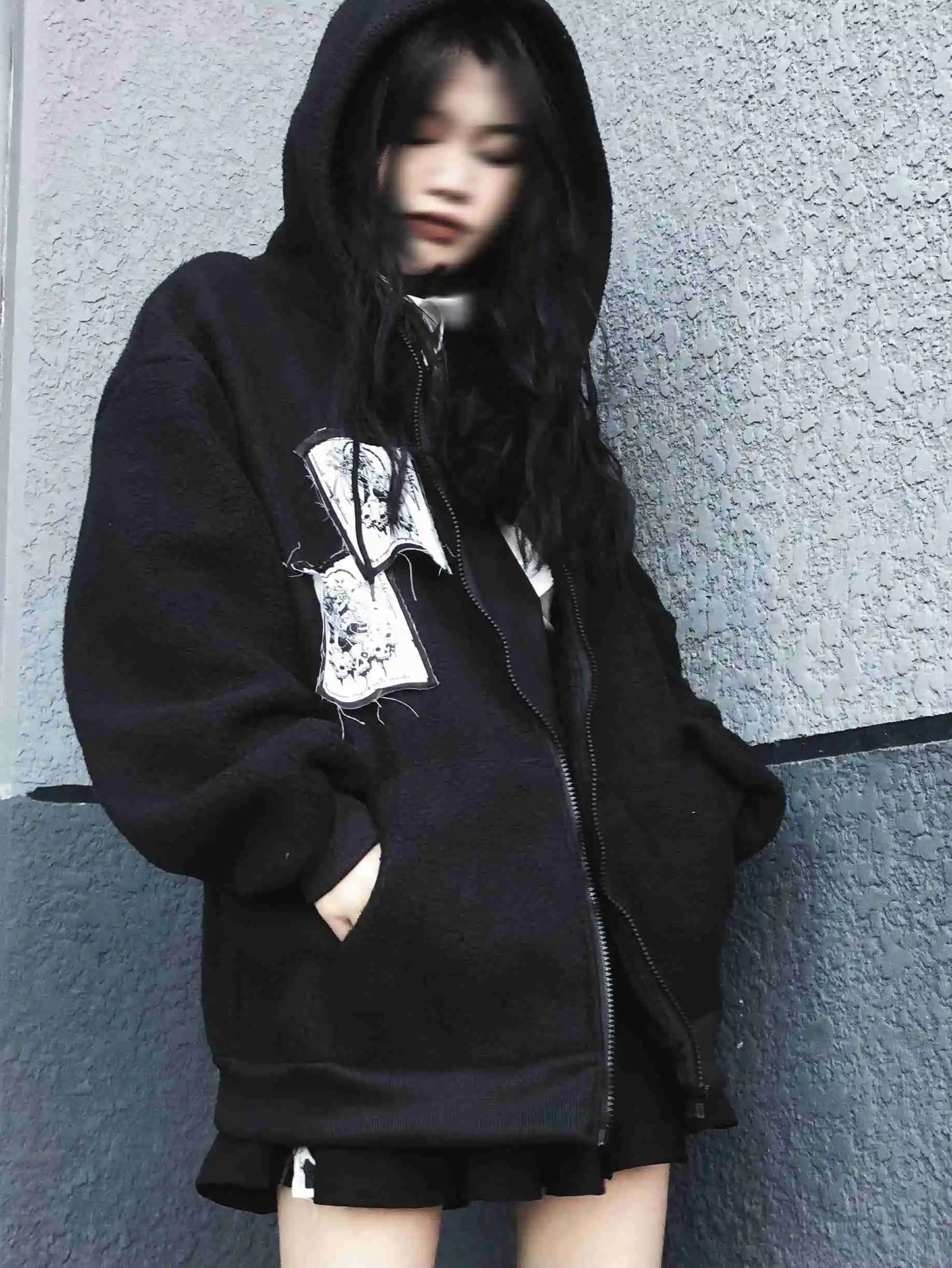 

Miub dark figure pasted cloth printed sweater women's hooded zipper cardigan punk Street loose casual coat autumn