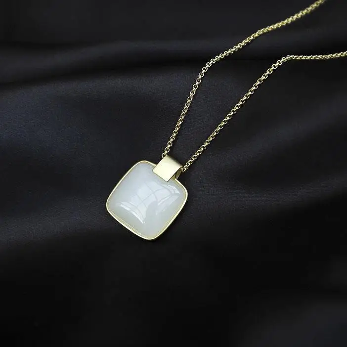 

Natural Hetian Jade White Jade S925 Sterling Silver Pendant Square Jade Necklace Simple Retro Gilding Craft Necklace