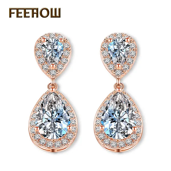 Rose Gold Color FEEHOW, модные элегантные свадебные ювелирные изделия, розовое золото, цветная слеза, кубический циркон, висячие серьги для женщин, Свадебная вечеринка FWEP091 - Окраска металла: Rose Gold Color