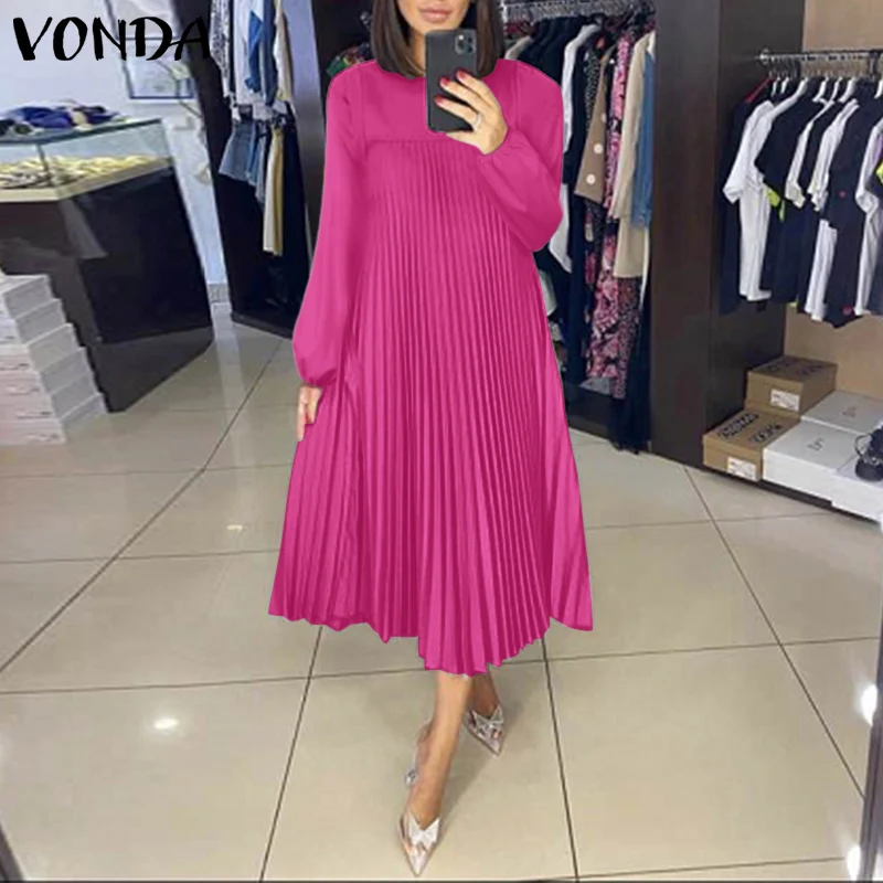

Autumn Dress 2022 VONDA Women Long Sleeve Solid Color Party Dresses Casual O Neck Loose Beach Sundress Oversized Holiday Robes
