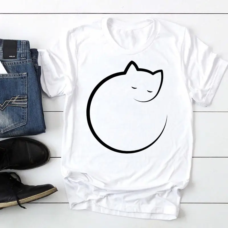 

Женская футболка с коротким рукавом и принтом кошки, летняя футболка с мультипликационным принтом, 2021