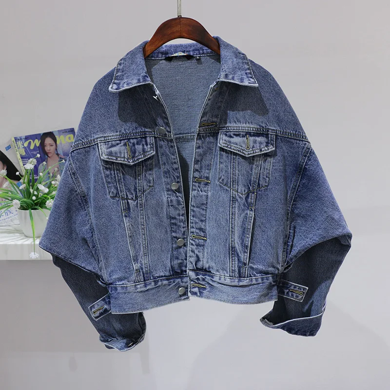 

Bat Sleeve Short Denim Jacket Women Spring Autumn Korean Loose Thin Student Long-Sleeve Jeans Coat Female Outerwear