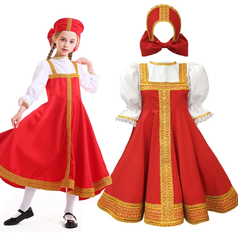 

Children Russian Traditional Nation Costumes Girl Festival Party Red Short Sleeve Splicing Dress Halloween Stage Fancy Outfits