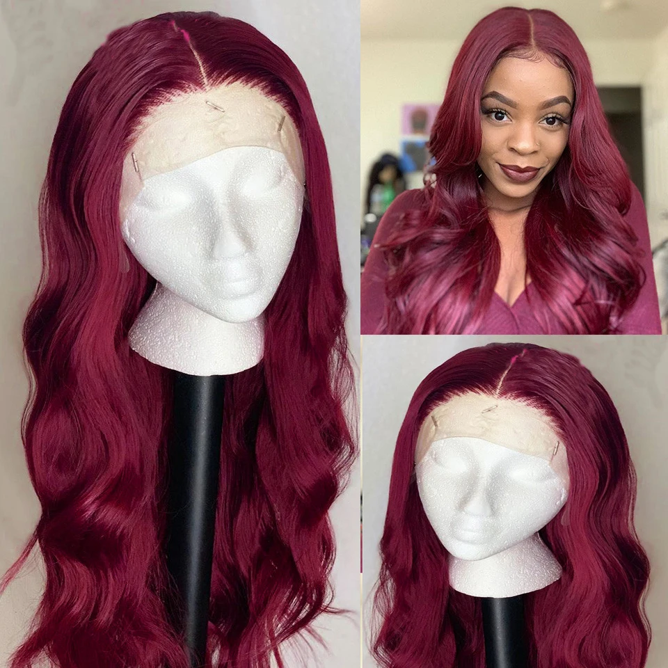 Темно-винный натуральный перука с крупной волной "180% Dark Wine Body Wave Lace Front Wig For Black Women Human Remy Hair With Babyhair Preplucked Brazilian Deep Part Burgundy On"