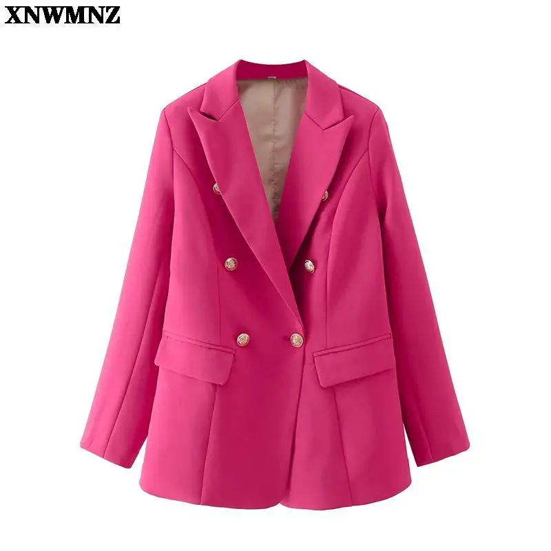 

XNWMNZ New za Fashion 2021 Designer Blazer Jacket Women's Double Breasted Metal Buttons Blazer Solid Femme Jackets