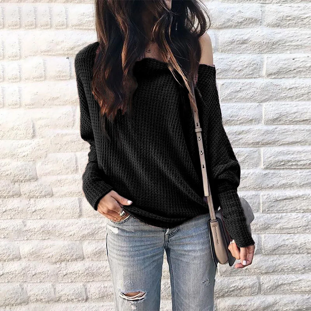 Pullover Sweater Women Loose Off Shoulder Sexy Ladies Slash Neck Knit Casual Tops Women's Solid Color Autumn Clothing | Женская